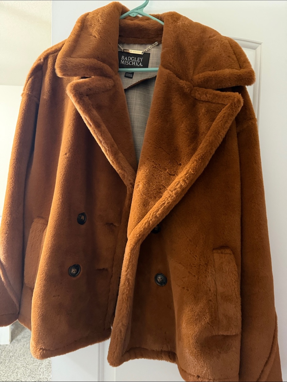 Badgley Mischka Women’s Plush Faux Fur Pea Coat in Rich Rust